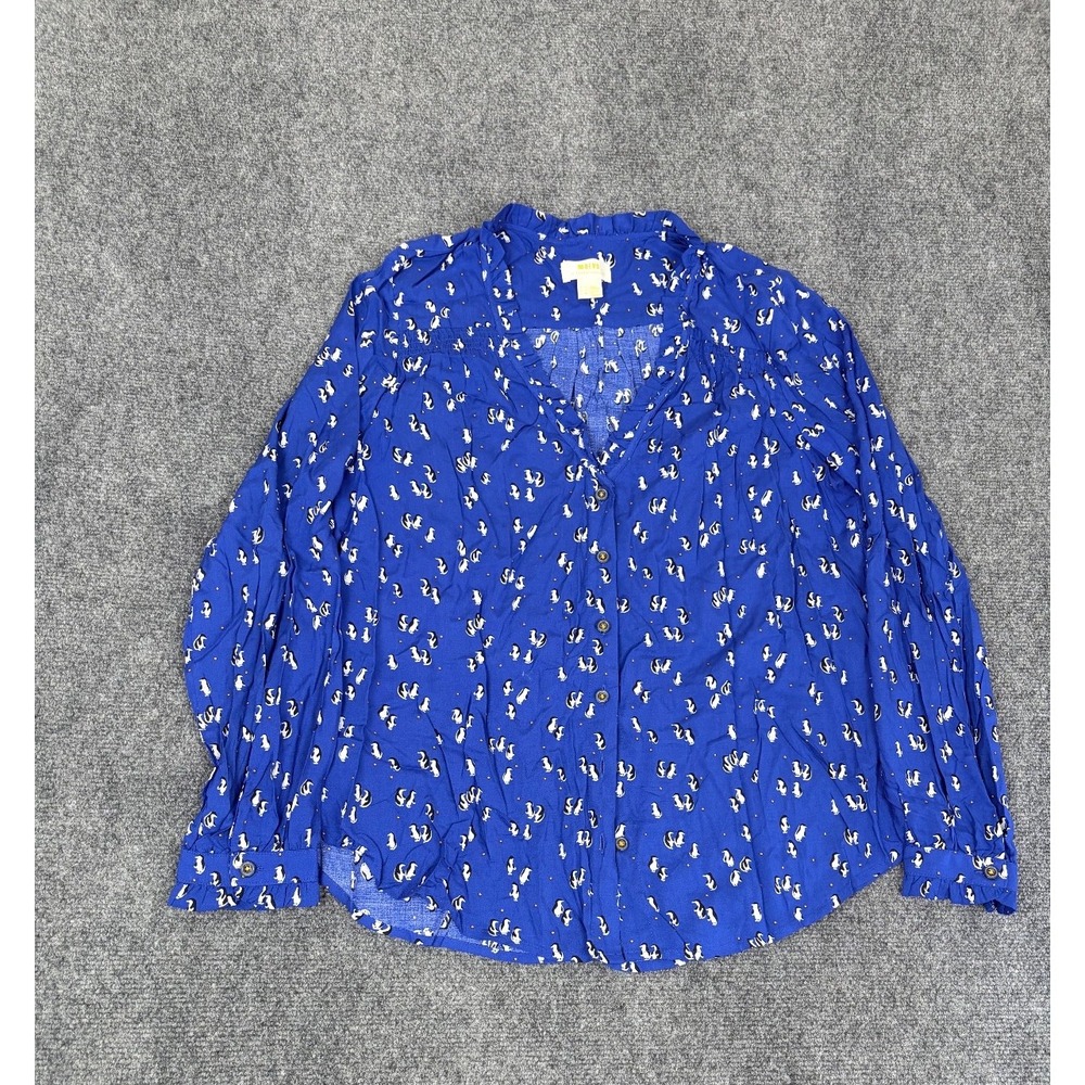 Anthropologie Maeve Royal Blue Penguin Pattern Blouse Viscose Long Sleeve Size 8